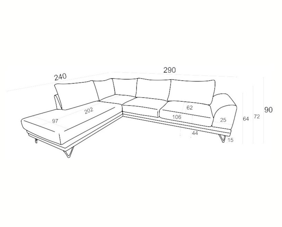 diastaseis-Rene Γωνιακός Καναπές Δεξιά Γωνία VM- RENE με Ξύλινη Μπάζα Αποσπώμενα - Πλενόμενα Καλύμματα Έδρας και Πλάτης με Ύφασμα perfect 82 Γκρι 290x240x98 Matis VMRENEIIR - Image 2